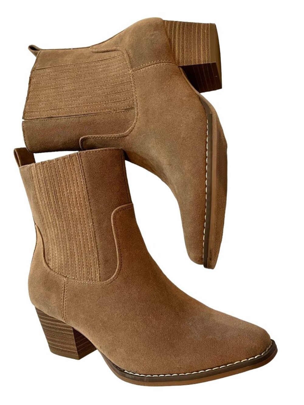 Tan Suede Memory Foam Ankle Boots With Stacked Heel & Side Elastic Panels SZ 6.5